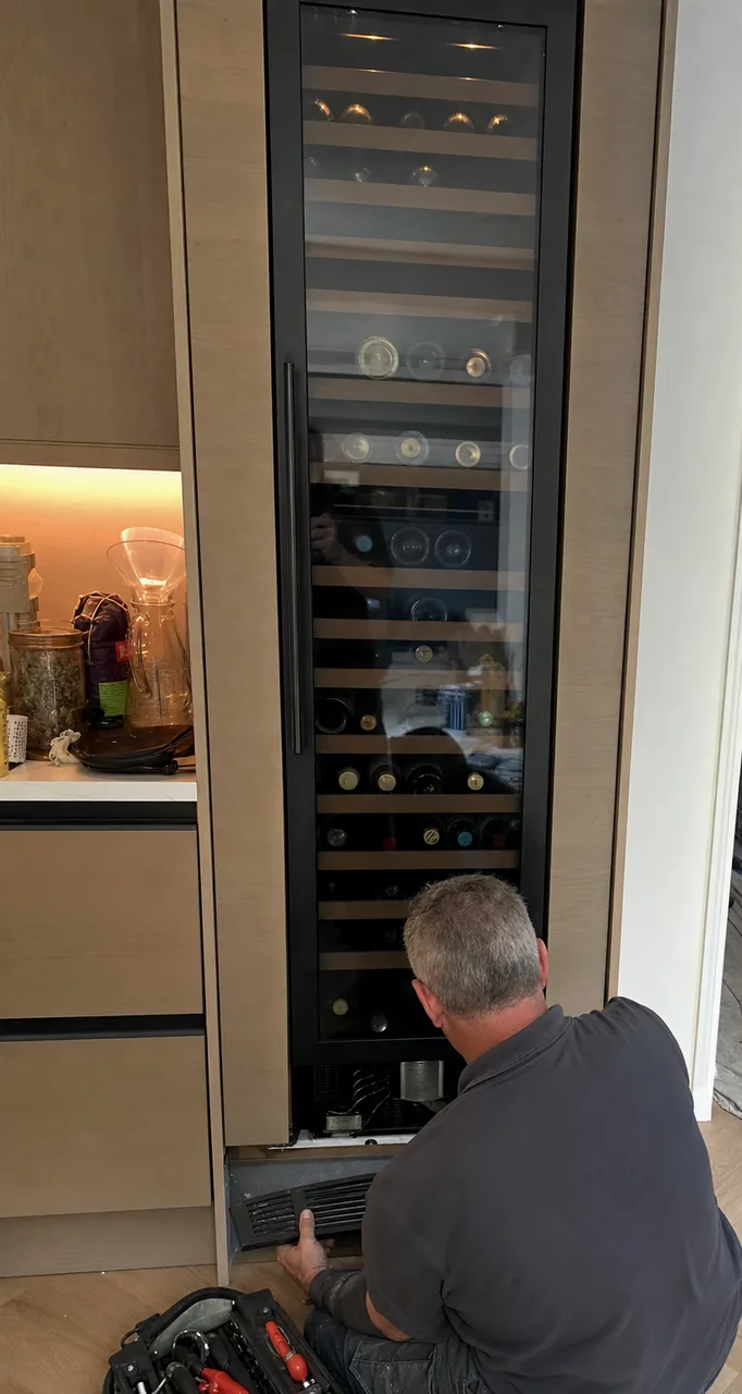 A tall integrated refrigeration column with its lower grille removed and the condenser bay open at floor level.