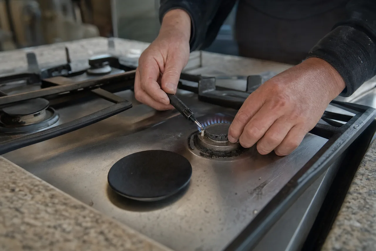 Two hands relighting a burner on a stainless gas cooktop, one burner cap set aside on the stone counter.