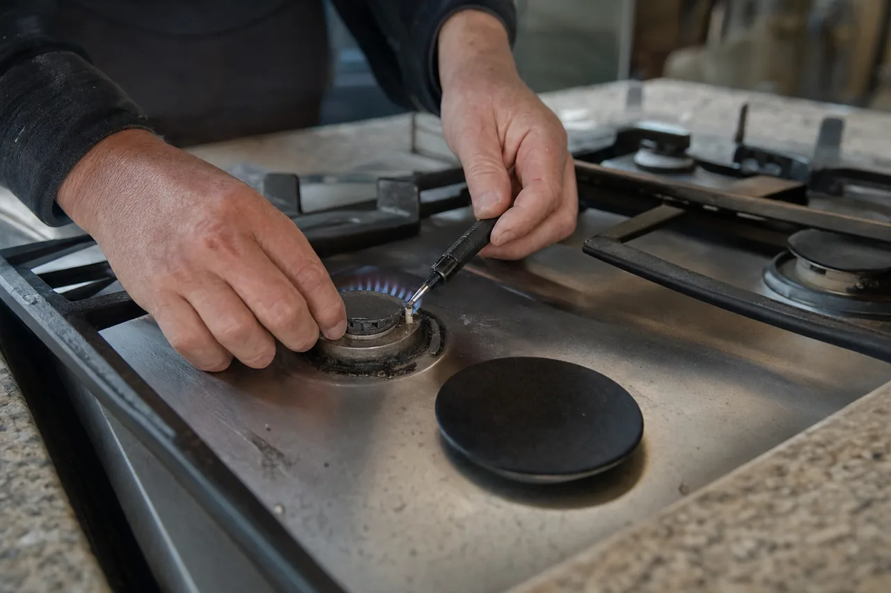A hand steadying a burner head while a small blue flame catches on a stainless gas cooktop.