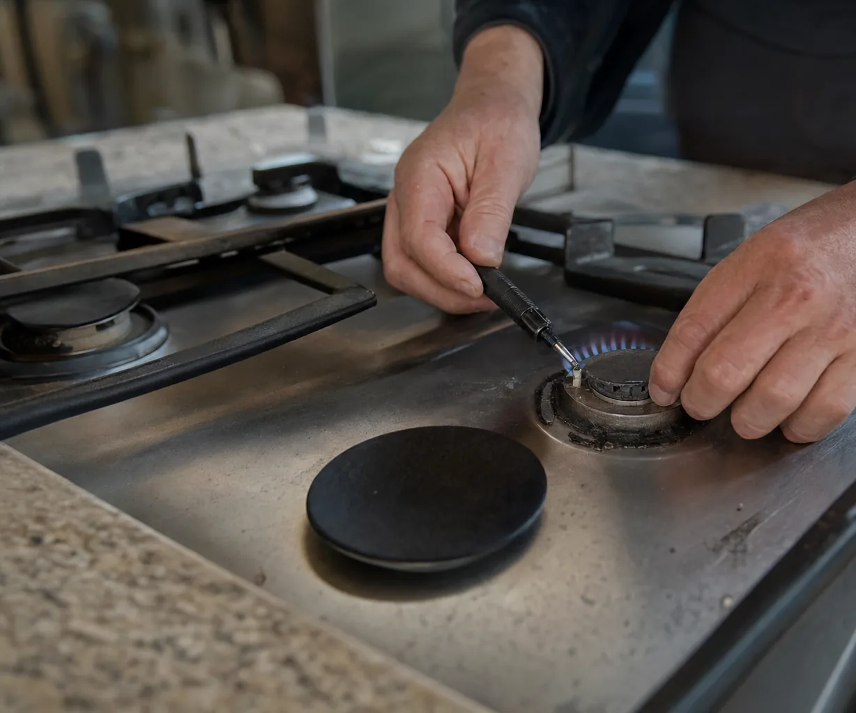 Close work on a sealed gas burner set into a granite countertop, the cap removed and the flame ports visible.