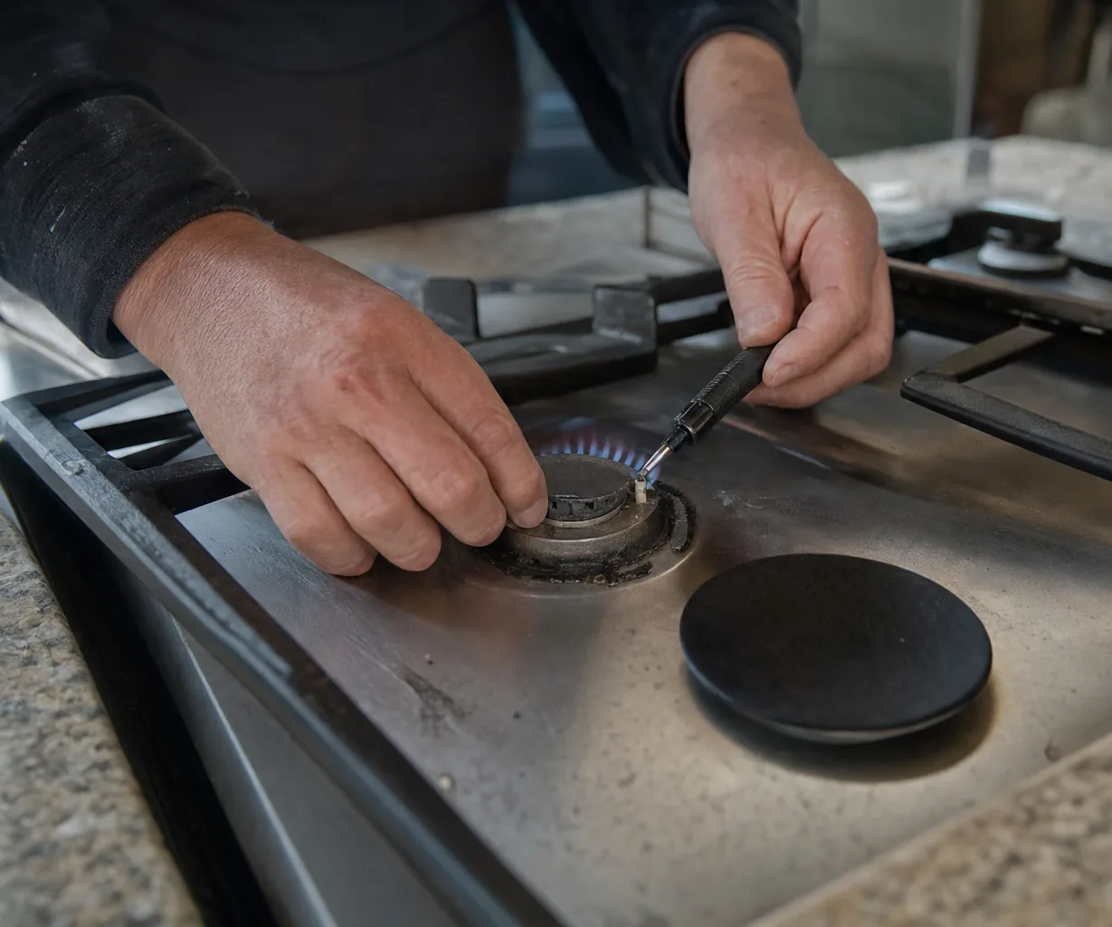 A technician’s worn hands adjusting the igniter on a professional-style stainless gas cooktop.