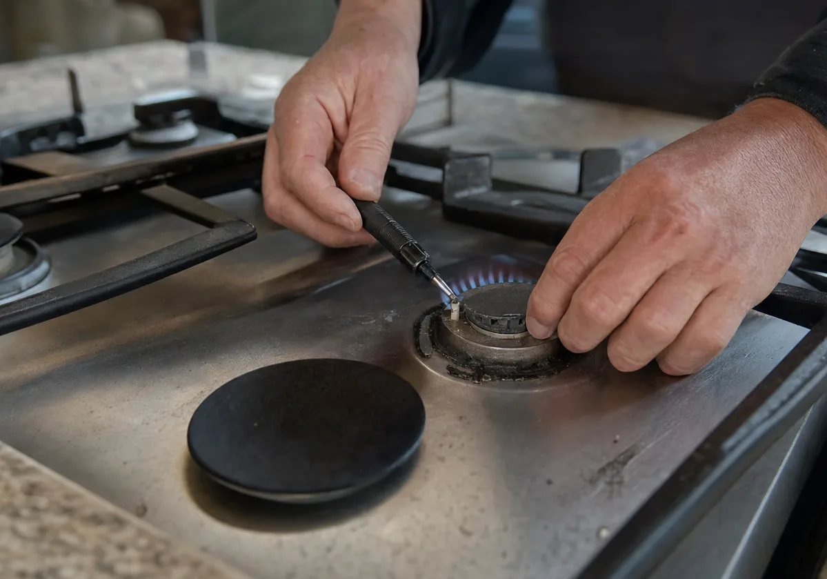 A gas cooktop dropped into an older stone counter, its burner cap lifted off and the surround marked with use.