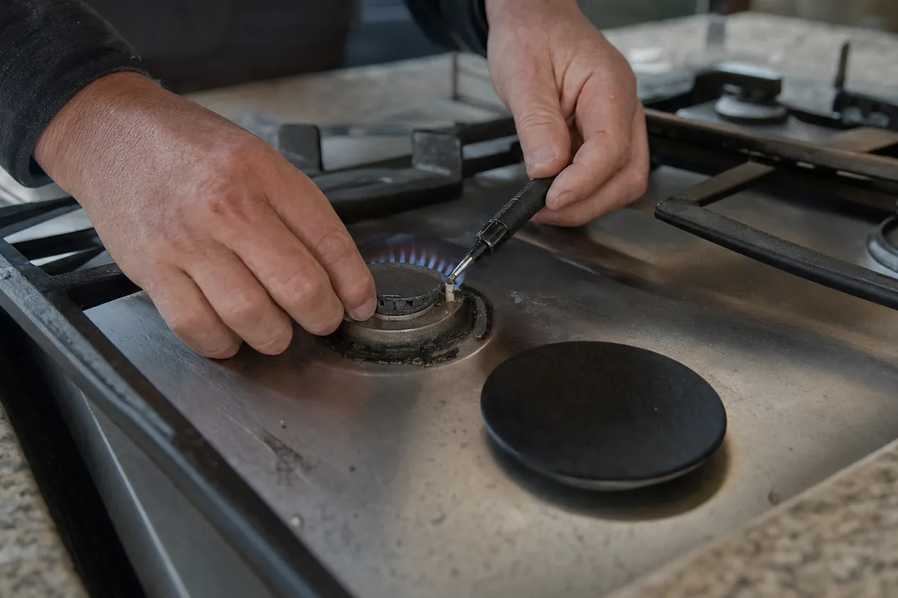 Hands at a lit gas burner, the moment a slow-to-catch igniter finally sparks.