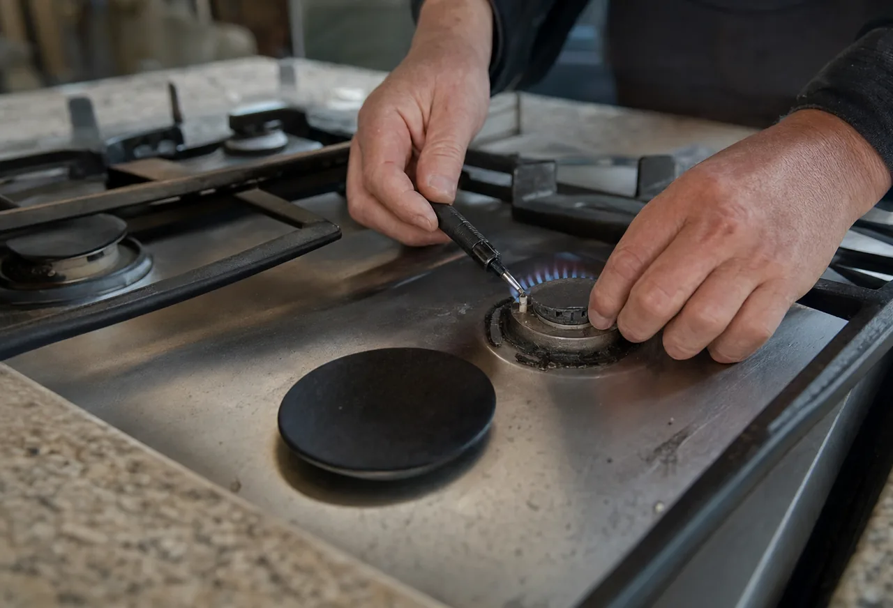 A stainless gas cooktop in a St. Augustine kitchen with a burner cap off and the flame just caught.
