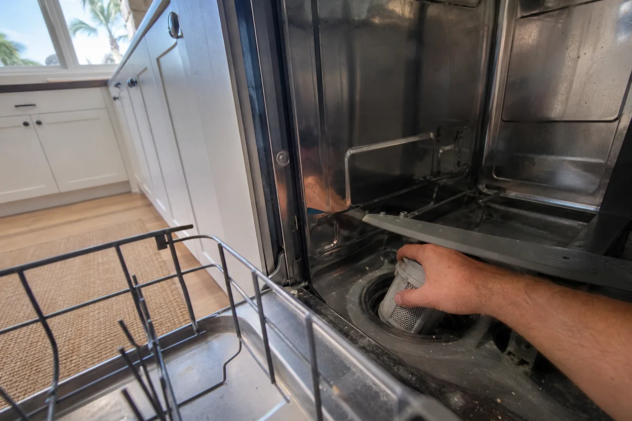 A hand lifts the cylindrical mesh filter out of the sump of an open stainless dishwasher, the lower rack rolled out onto the door, white cabinets and palm trees in the window
