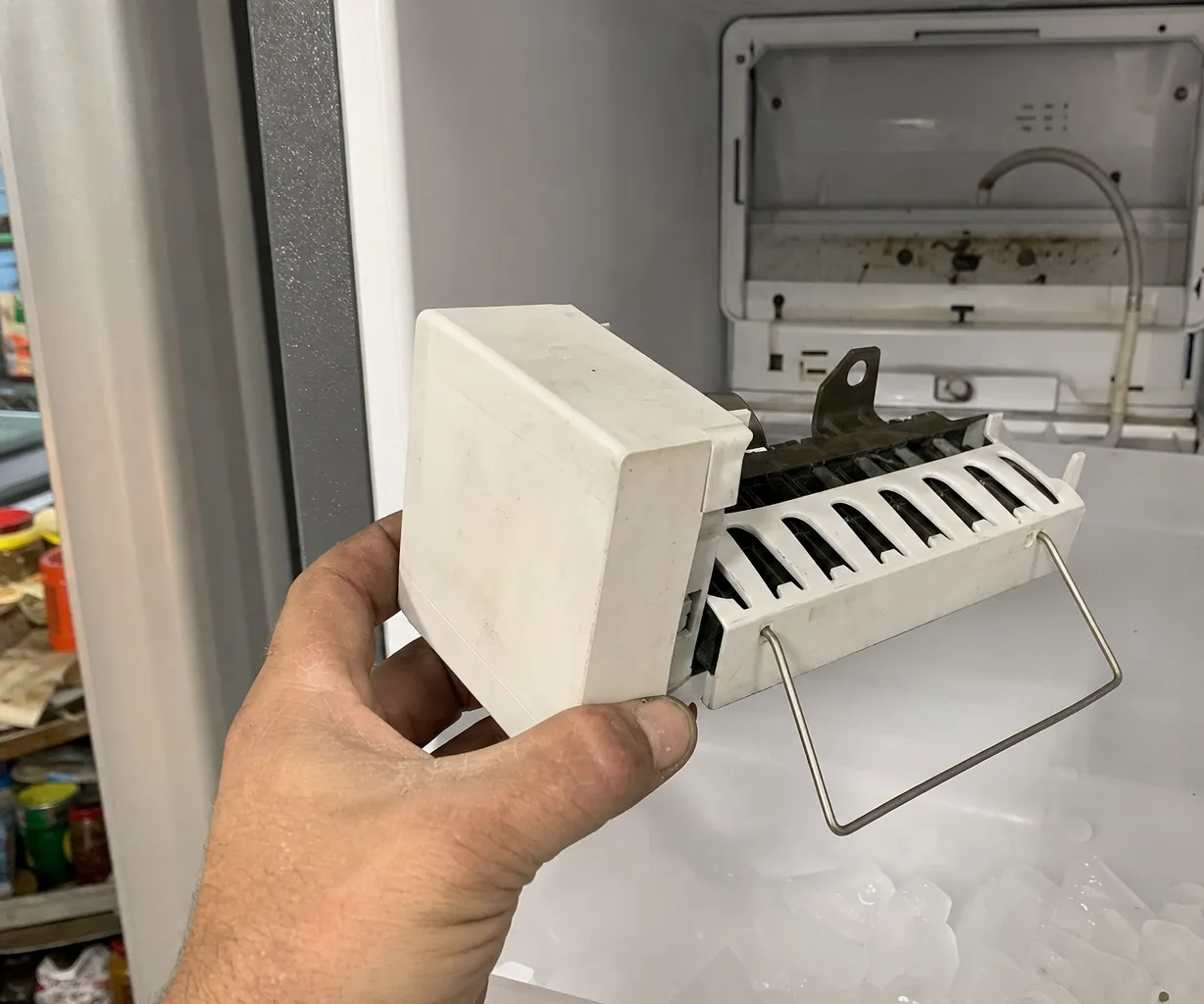 The water fill tube and valve fitting behind a removed ice maker module, dried mineral scale around the outlet.