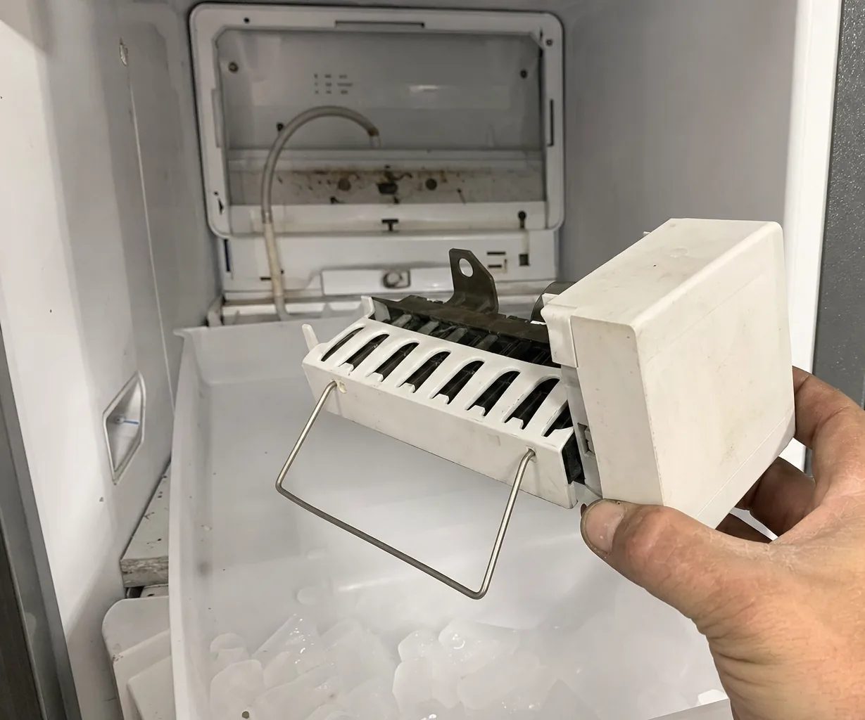 A plastic ice maker head out of the cabinet, its mounting bracket empty behind it and cubes filling the bin below.