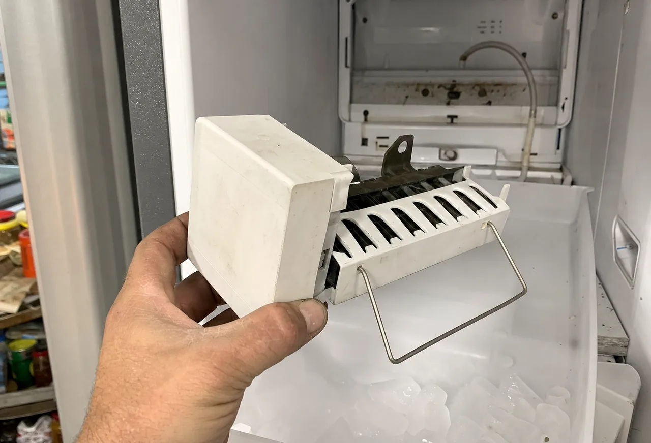 An ice maker module pulled from a freezer in a Fruit Cove kitchen, pale scale visible along the fill tube behind it.