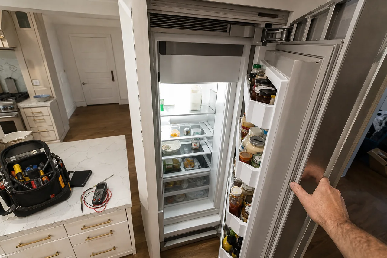 A tall built-in column refrigerator held open by one hand at the door edge, its lit shelves stocked, with a tool bag and a multimeter on a marble island beside it.