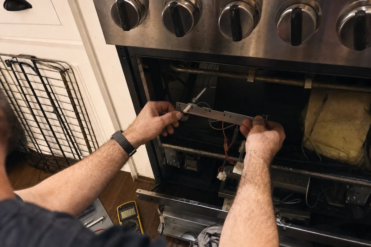 Both hands lifting a glow-bar igniter and its mounting bracket out of the open lower cavity of a stainless oven.