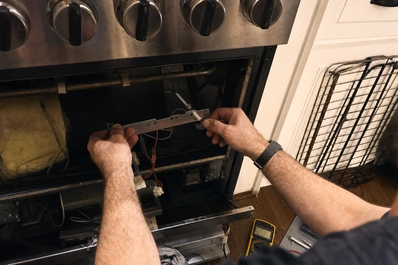 A replacement glow-bar igniter being seated in an oven cavity, its wiring harness hanging loose below the floor plate.