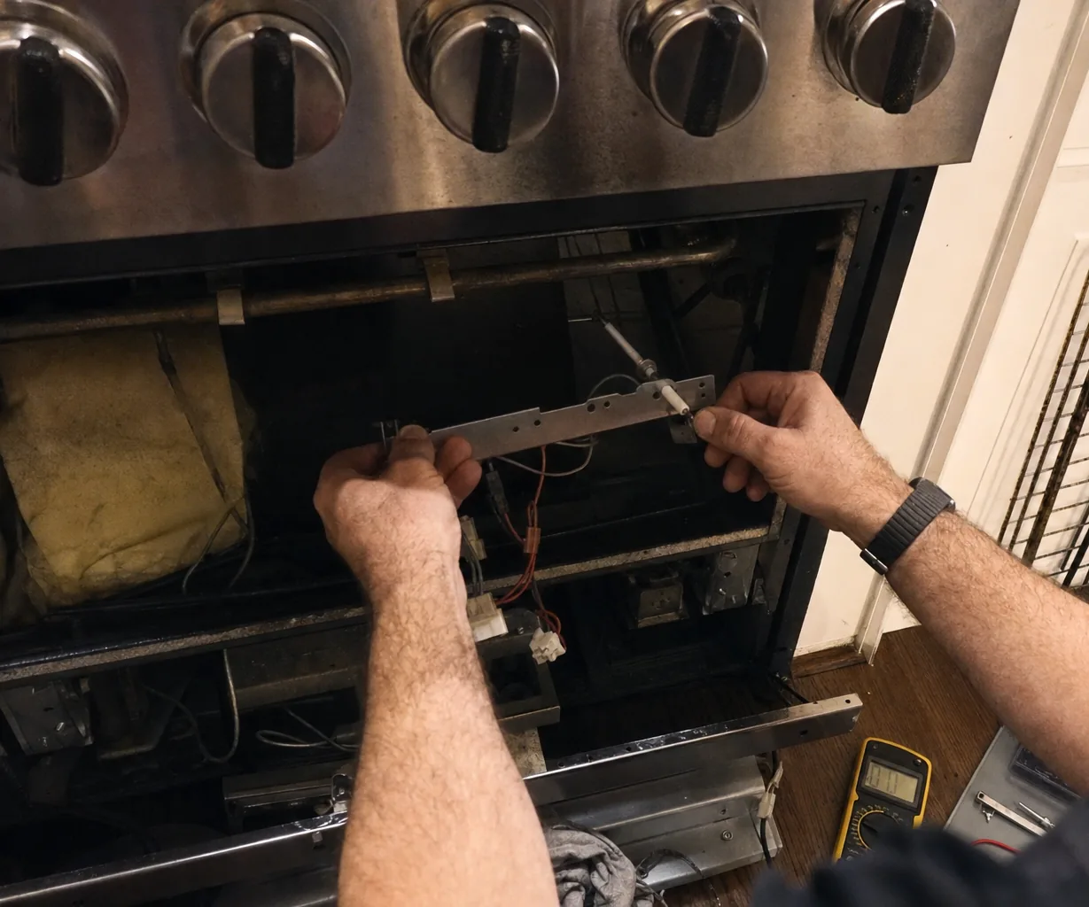 Work inside the lower cavity of a professional-style range, a row of heavy control knobs above the open door.