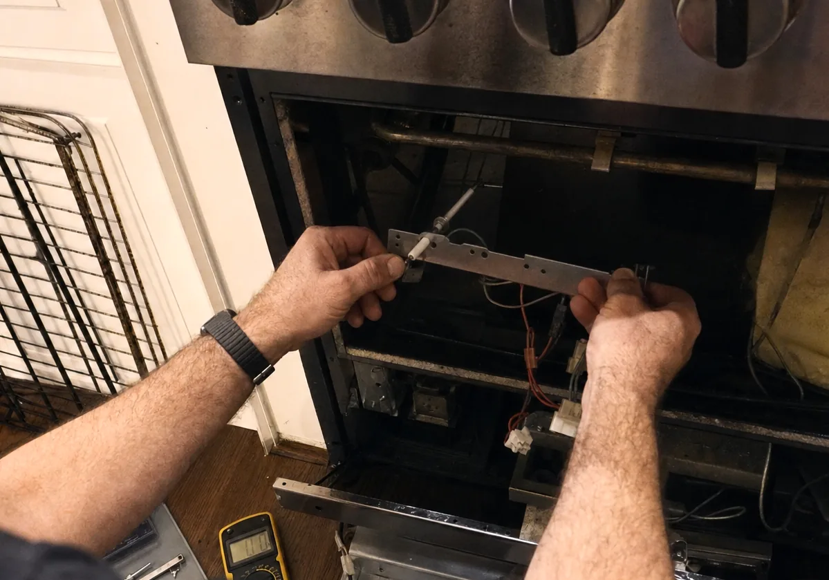 Hands working inside an oven cavity to free the bake igniter, pale insulation showing at the side wall.