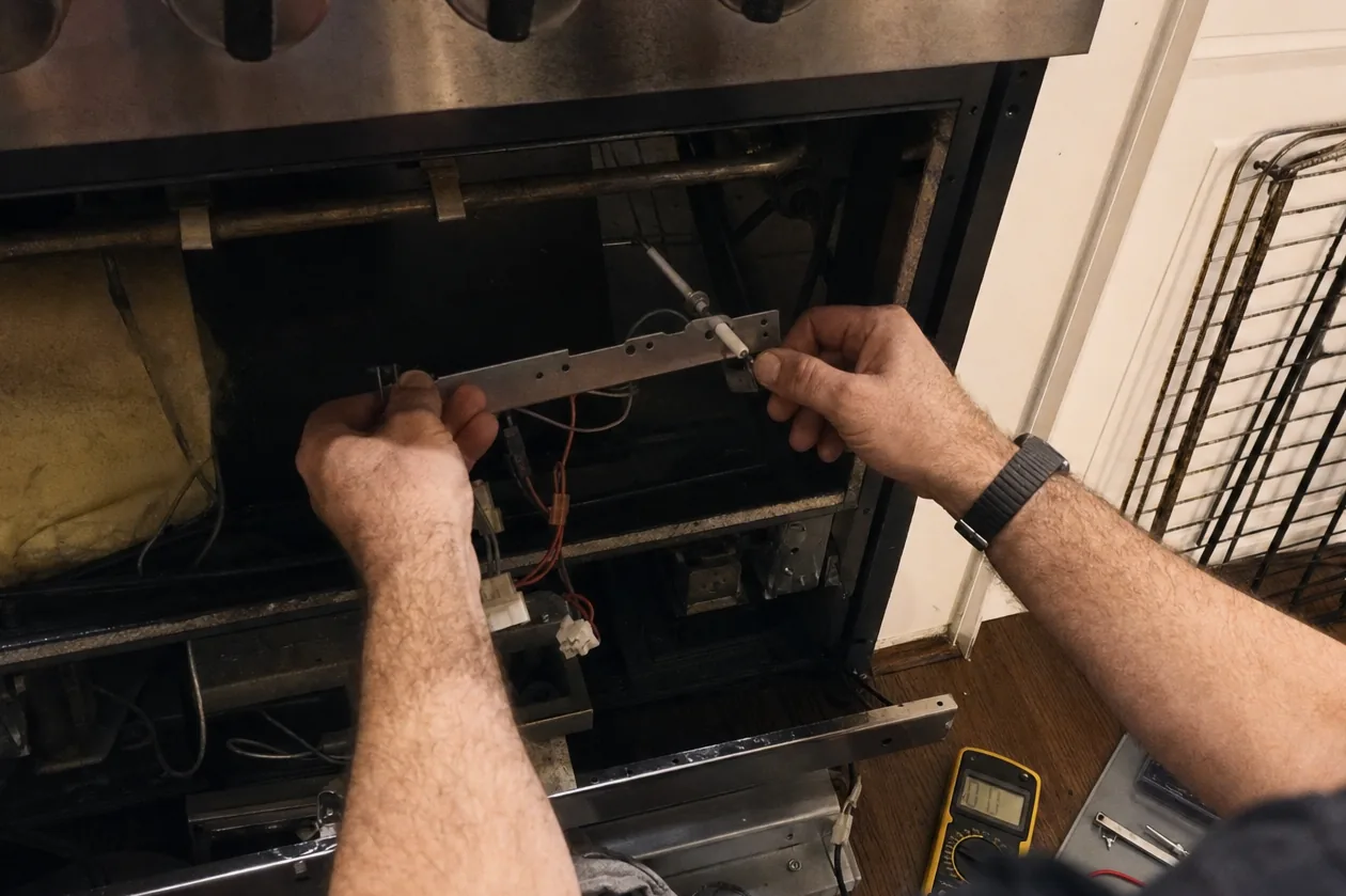 A meter set down beside an opened oven while the igniter bracket is checked by hand.