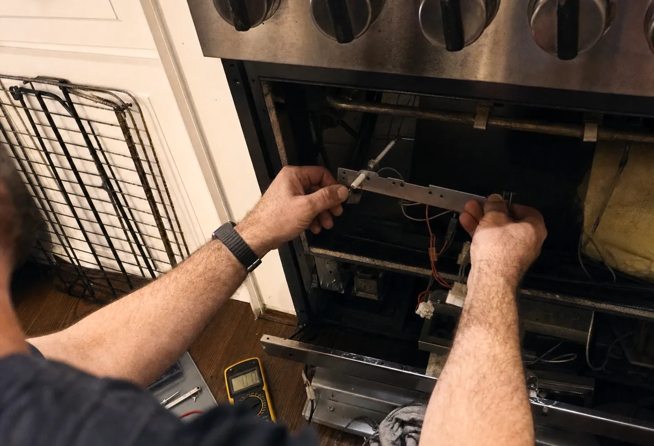 The wiring harness and spade connectors exposed under an oven cavity, where surge damage tends to surface.