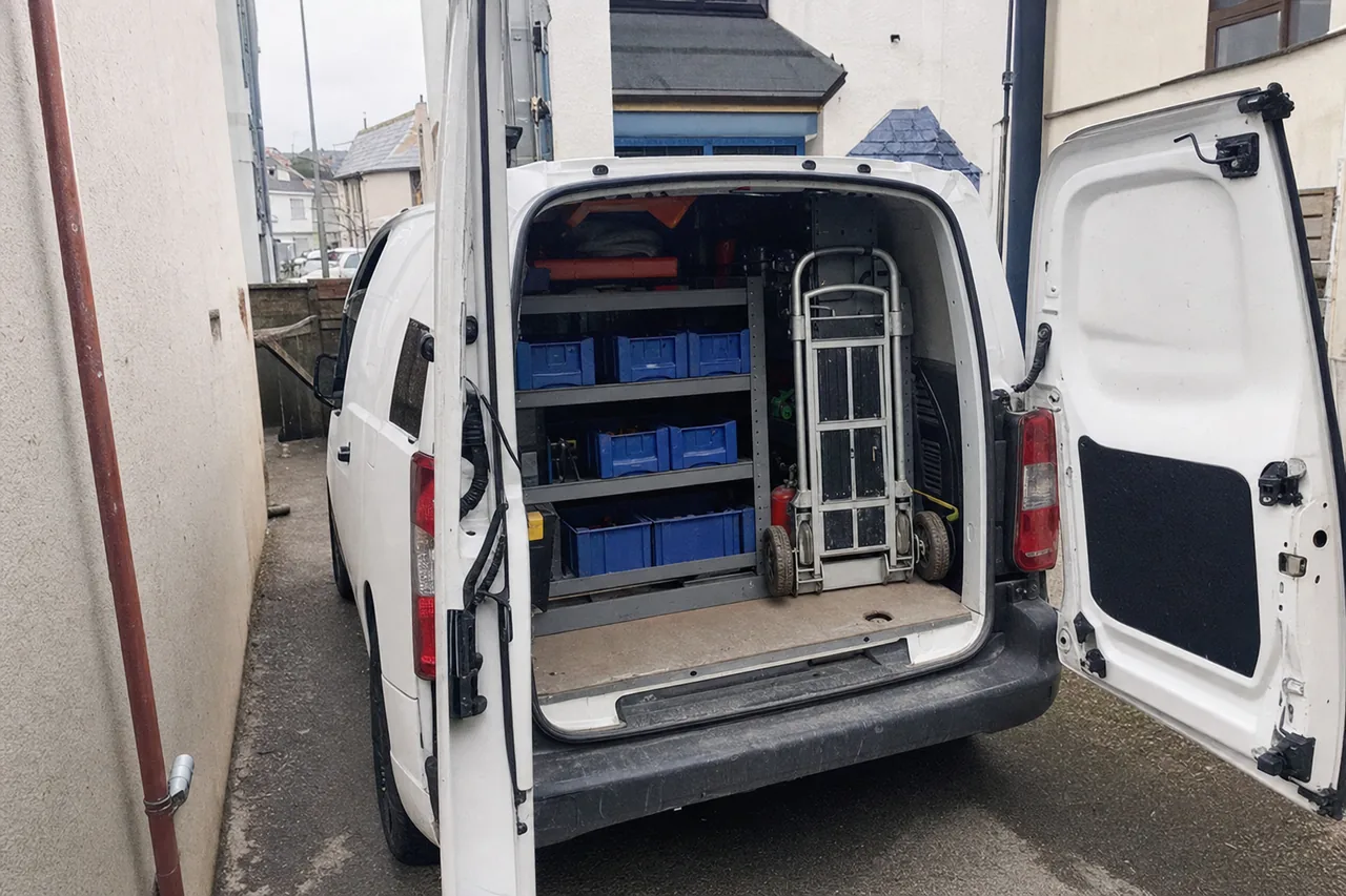 A plain white service van parked in a St. Johns County driveway with its rear doors open on stacked plastic parts bins.