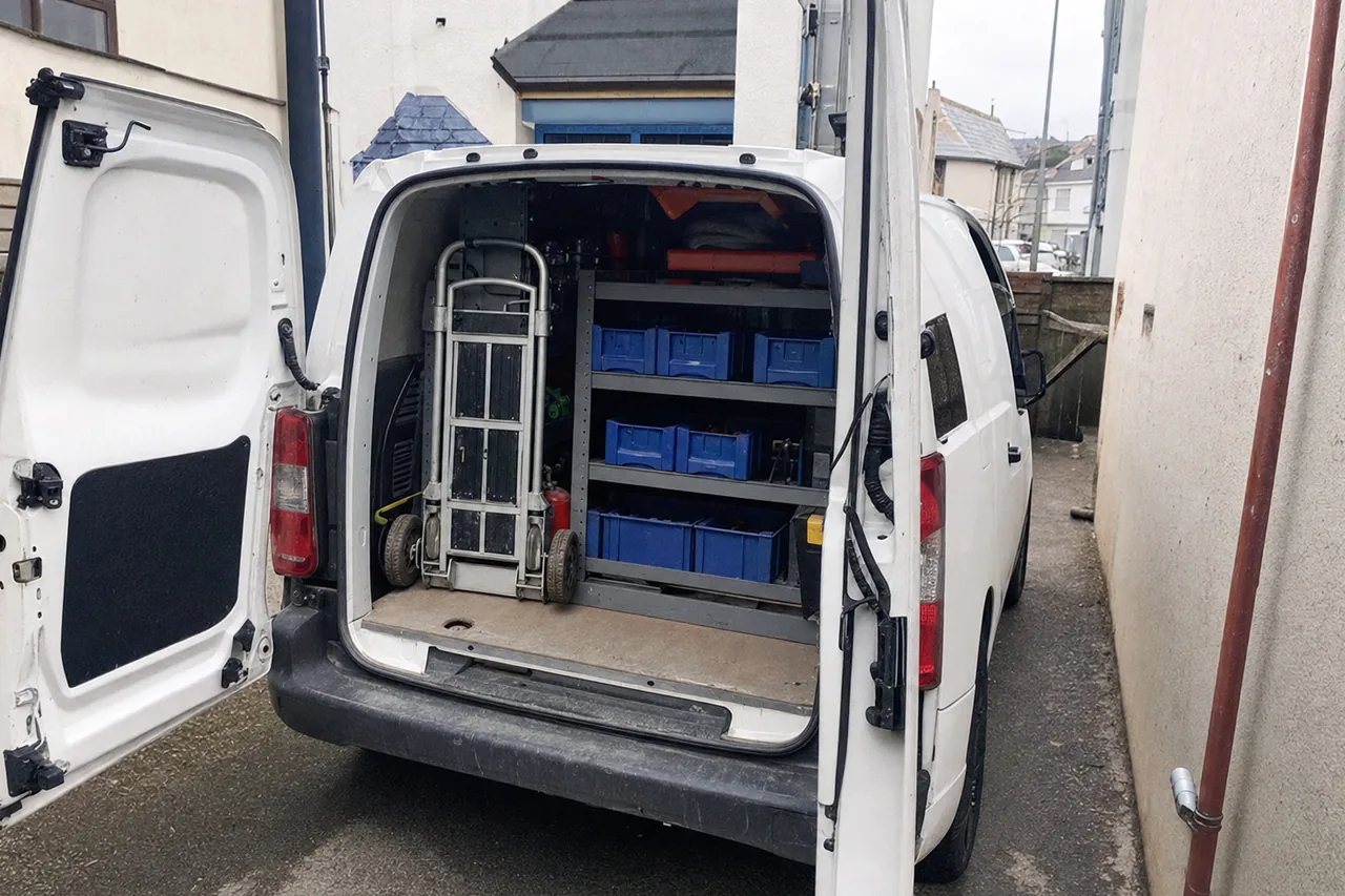 The open rear doors of an unlettered service van in a residential driveway, parts bins stacked inside.