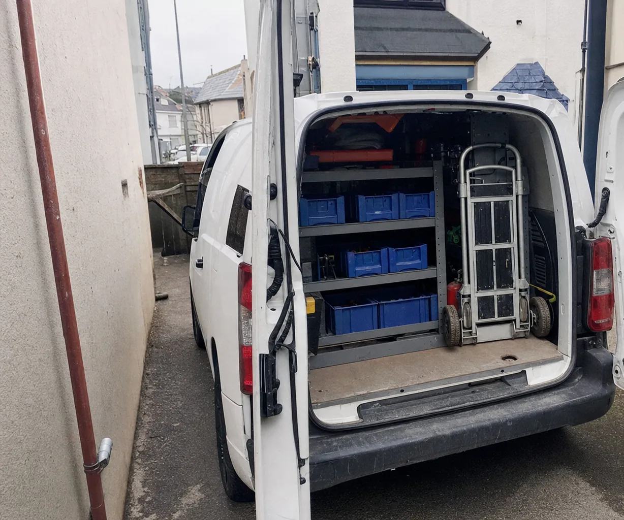 A service van standing in a driveway under the flat grey sky that sits over the St. Johns County coast.