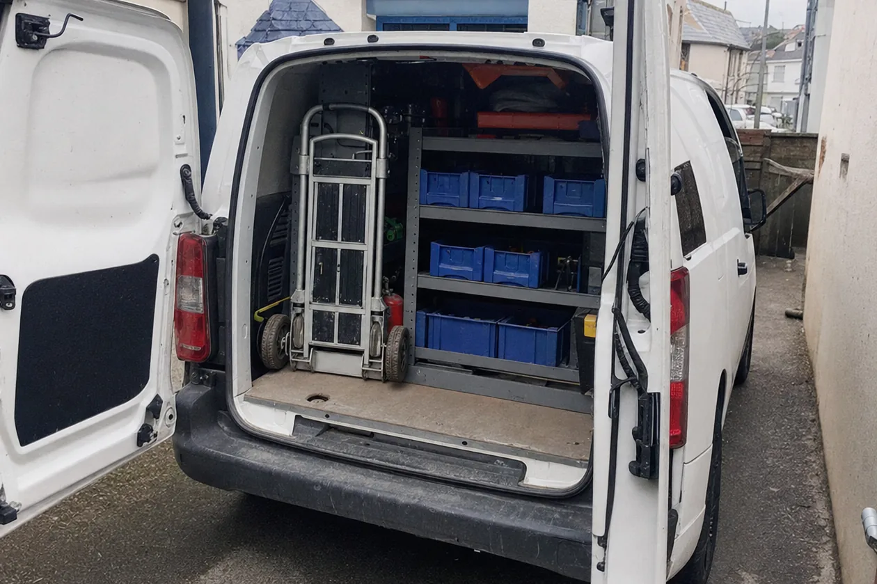 A plain white van under a heavy grey coastal sky, in the salt-laden air that pits condenser fins a few miles inland.