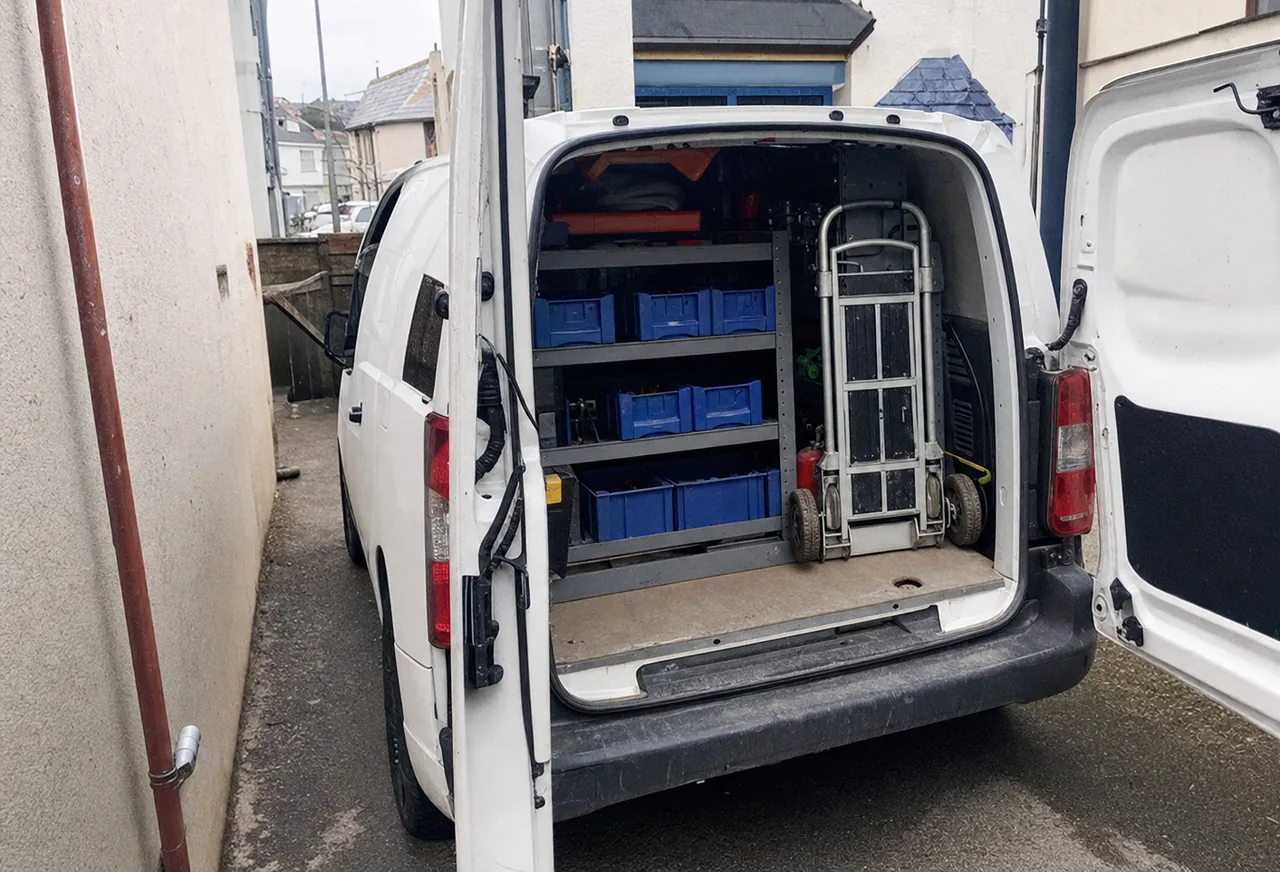 Plastic parts bins and a folded hand truck stacked inside the open rear of a service van.